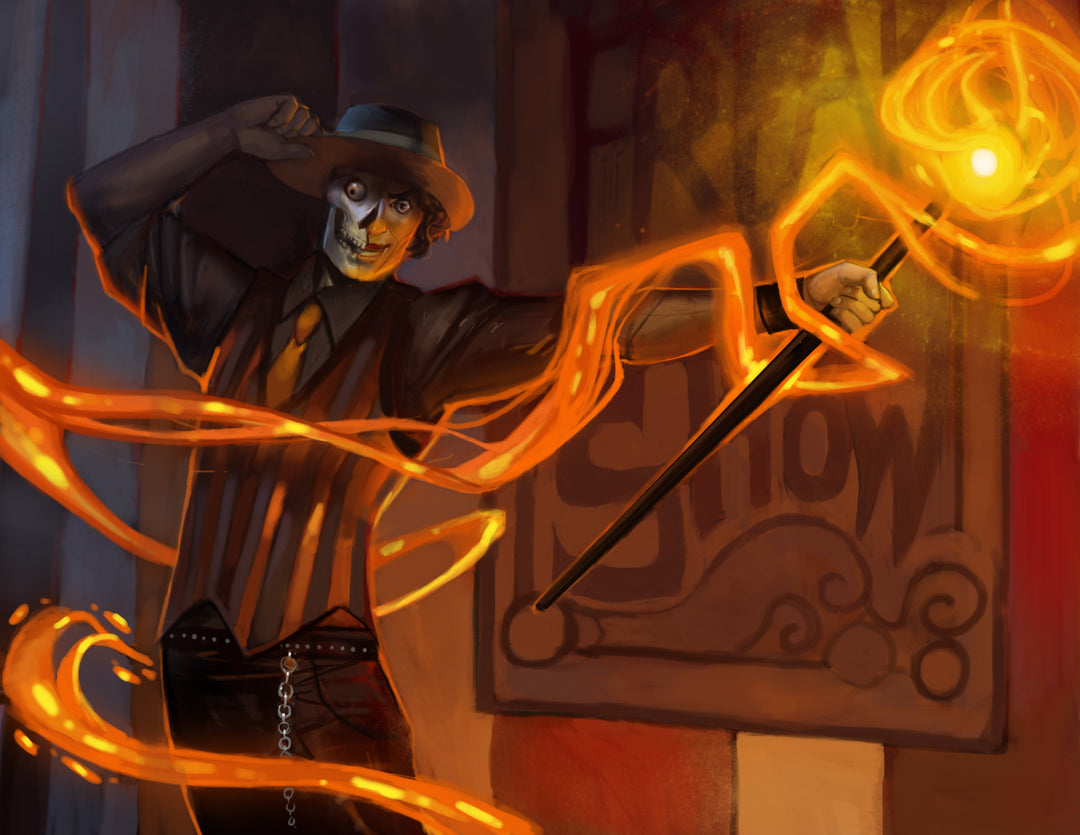 Illustration of a character with glowing orange flames holding a sword, with a &