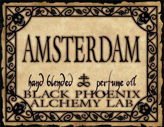Vintage-style label for 'Amsterdam' hand blended perfume oil by Black Phoenix Alchemy Lab.