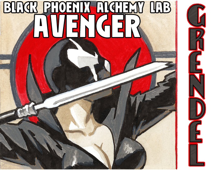 Character with a sword labeled 'Avenger' from 'Black Phoenix Alchemy Lab' on a beige background.