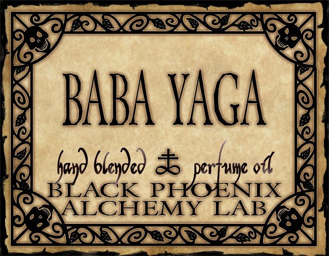 Baba Yaga perfume label with decorative border and text