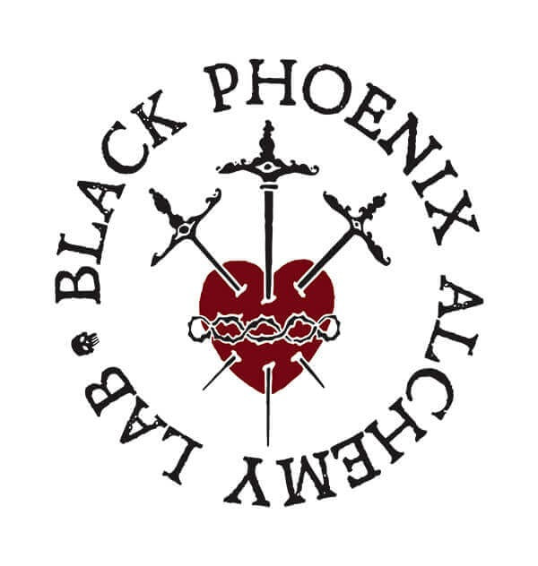 Logo of Black Phoenix Alchemy Lab with crossed swords, a heart, and text on a white background