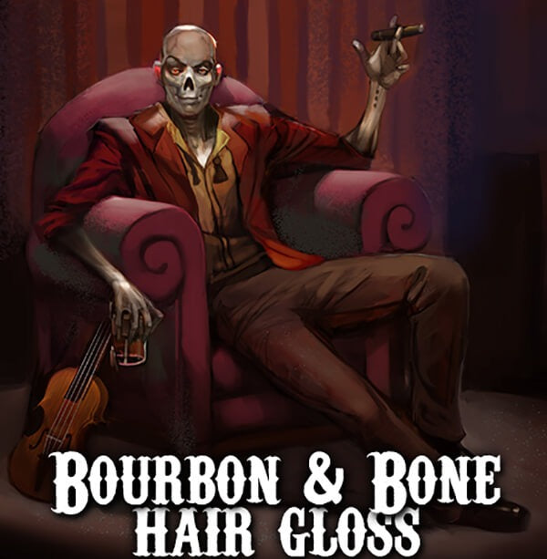 Animated character in a red chair holding a cigar with text 'Bourbon & Bone Hair Gloss' below.