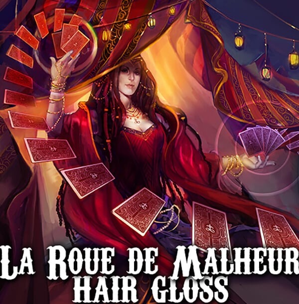 Magician with cards and colorful background, featuring text 'La Roue de Malheur Hair Gloss'.