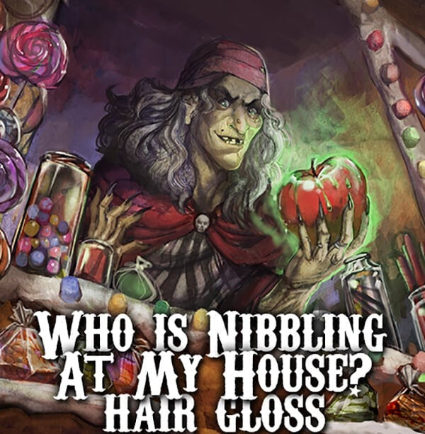 Magical character with a red apple and colorful bottles, holding text &