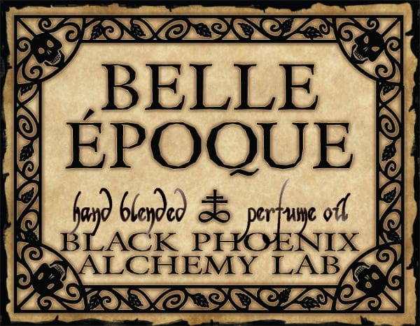 Label for 'Belleépoque' hand blended perfume oil by Black Phoenix Alchemy Lab with decorative border.
