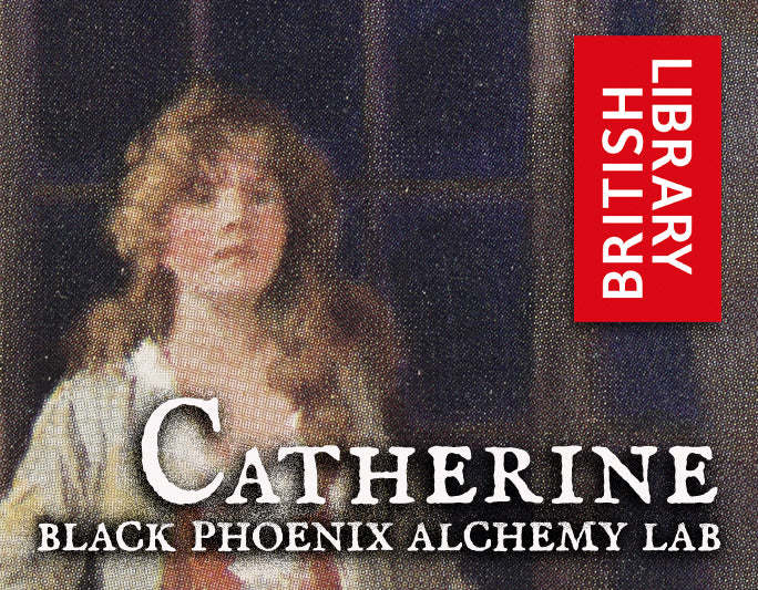 Portrait of a young woman with 'British Library' logo and text 'Catherine Black Phoenix Alchemy Lab'.