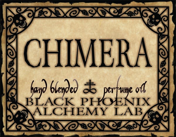 Label for Chimera hand blended perfume oil by Black Phoenix Alchemy Lab with decorative border.
