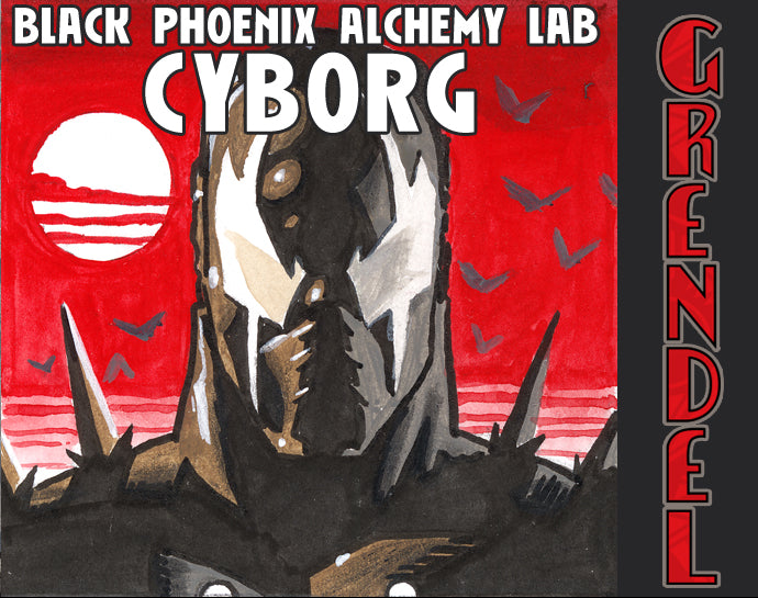 Illustration of a cyborg with a red background and text &