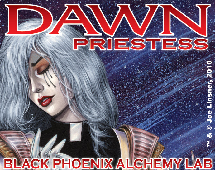 Cover of 'Dawn Priestess' by Black Phoenix Alchemy Lab featuring a character with gray hair and red lipstick against a starry background.