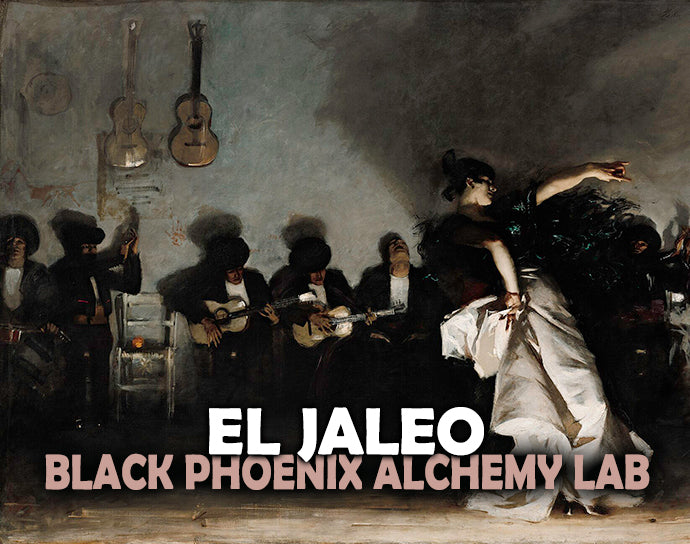 Black Phoenix Alchemy Lab El Jaleo perfume oil styled with flamenco and guitar imagery
