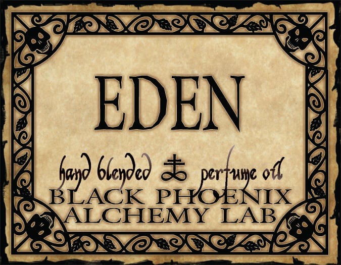 Eden perfume oil label from Black Phoenix Alchemy Lab with decorative border and text.