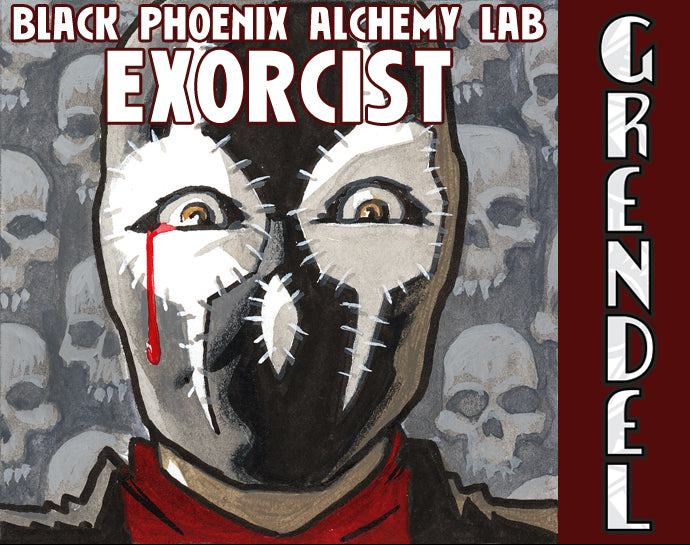 Artistic depiction of a character wearing a mask with a red tongue, surrounded by skulls, from Black Phoenix Alchemy Lab's Exorcist Grendel series.