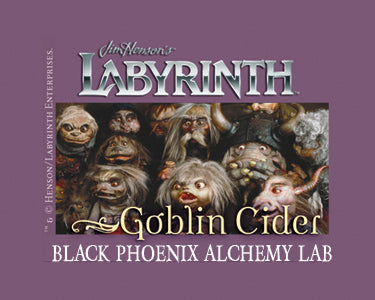 Goblin cider label with 'Labyrinth' branding on a purple background