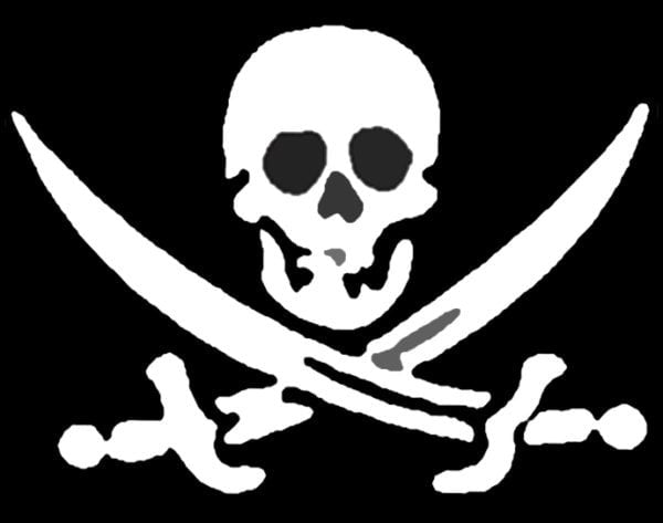 Pirate flag with skull and crossed swords on a black background