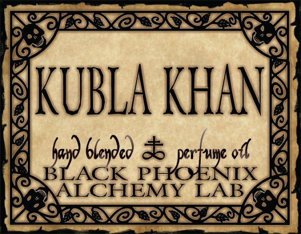 Label for 'Kubla Khan' perfume oil by Black Phoenix Alchemy Lab with decorative border.