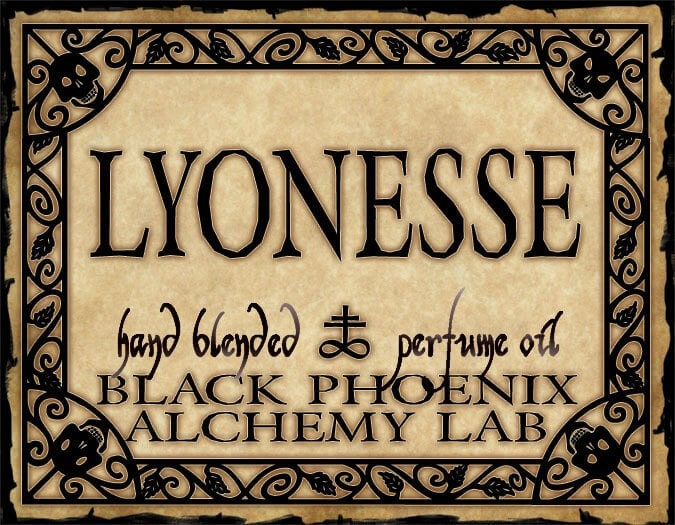 Label for Lyonesse hand blended perfume oil from Black Phoenix Alchemy Lab with decorative border.