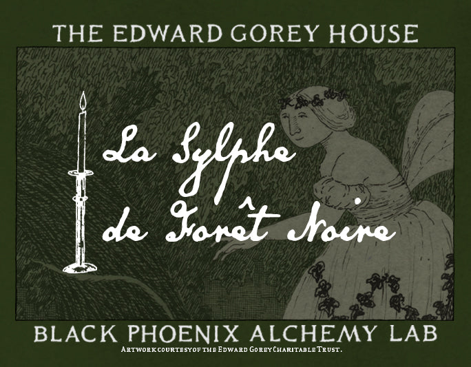 Illustration of a woman with a candle and text from 'La Sylphe de Forèt Noire' by The Edward Gorey House and Black Phoenix Alchemy Lab