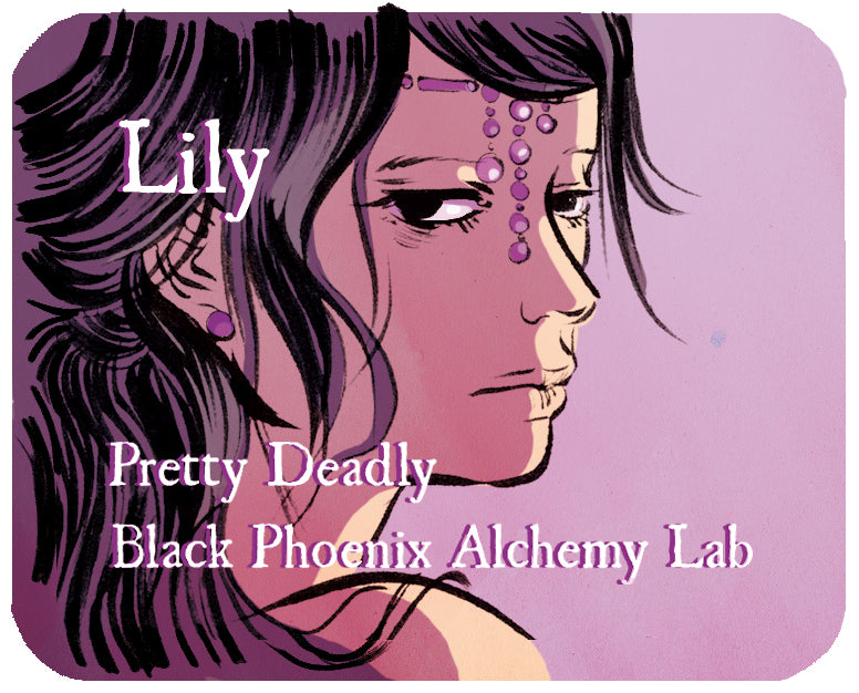 Illustration of a character named Lily from 'Pretty Deadly' by Black Phoenix Alchemy Lab on a purple background.