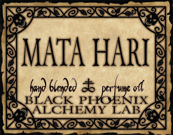 Label for Mata Hari perfume oil by Black Phoenix Alchemy Lab with decorative border and text.