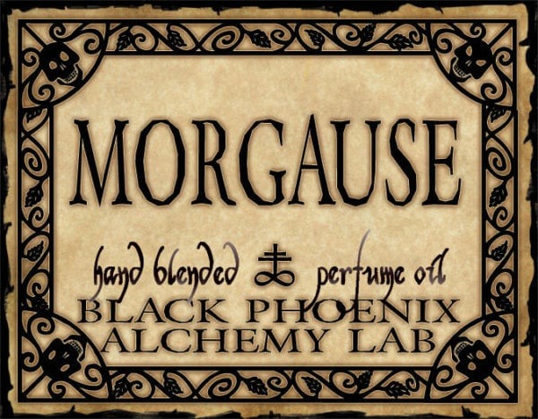 Label for Morgause hand blended perfume oil by Black Phoenix Alchemy Lab with decorative border.