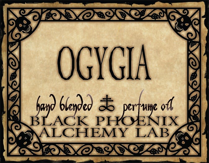 Label for Ogygia hand blended perfume oil by Black Phoenix Alchemy Lab with decorative border.