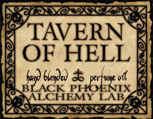 Label for 'Tavern of Hell' perfume oil by Black Phoenix Alchemy Lab with decorative border.
