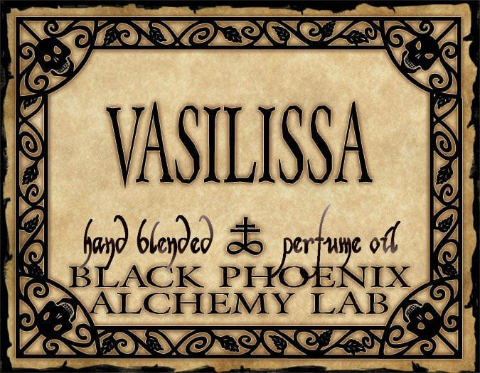 Label for Vasilissa hand blended perfume oil by Black Phoenix Alchemy Lab with decorative border.