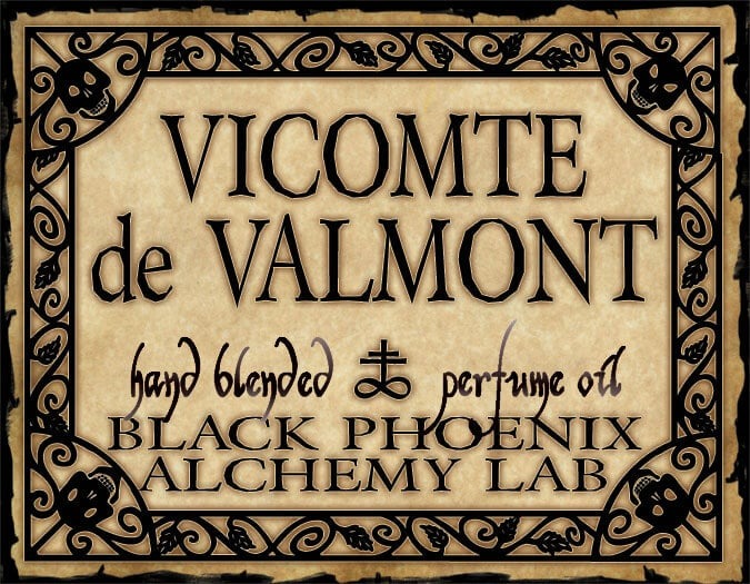 Vicomte de Valmont perfume label with decorative border and text