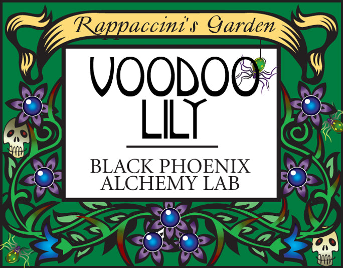Voodoo Lily label from Black Phoenix Alchemy Lab with decorative border and text.