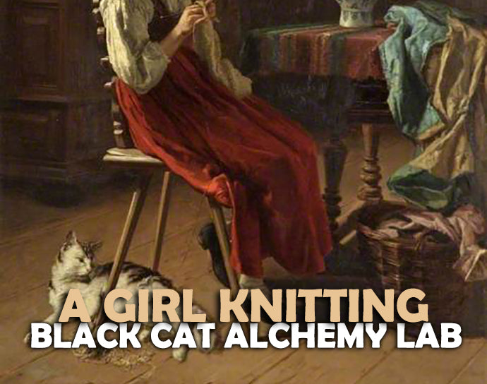 Vintage-style painting of a girl knitting with a cat on a wooden floor, featuring the text 'A Girl Knitting Black Phoenix Alchemy Lab'.