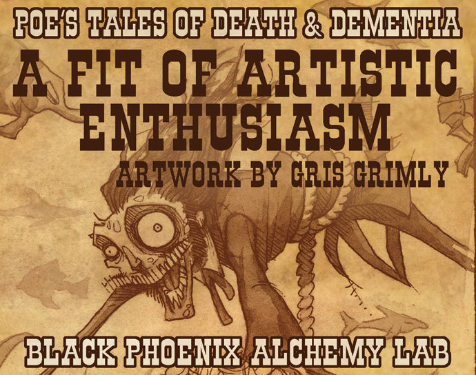 Artistic depiction of a creature with text about Poe&
