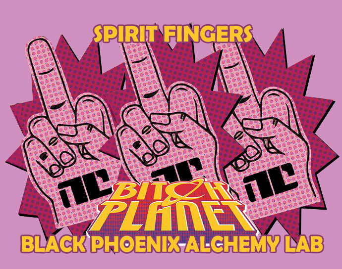 Illustration of hands making the peace sign with text 'Spirit Fingers' and 'Black Phoenix Alchemy Lab' on a pink background.