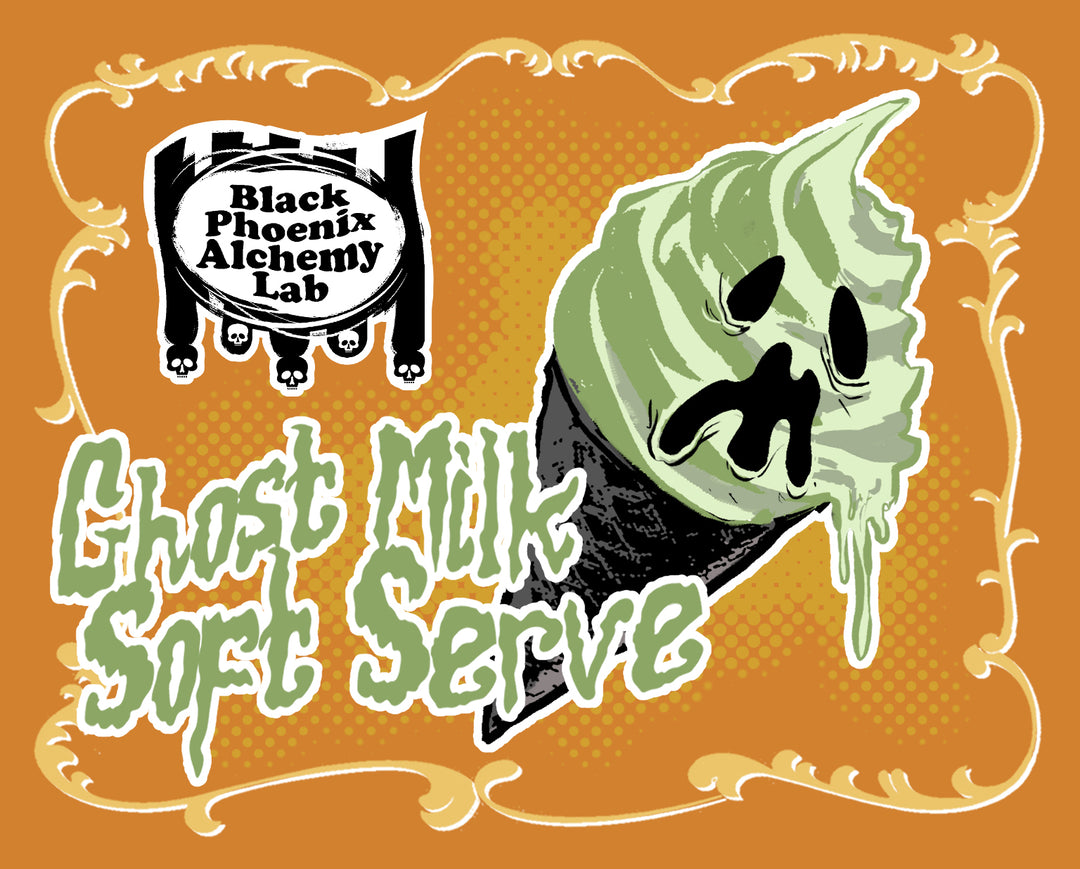 Black Phoenix Alchemy Lab Ghost Milk Soft Serve illustration: a sage-green soft serve ice cream cone with a melting ghostly face, dripping down a dark waffle cone, on an orange halftone background with an ornate gold border and the BPAL skull-topped logo.
