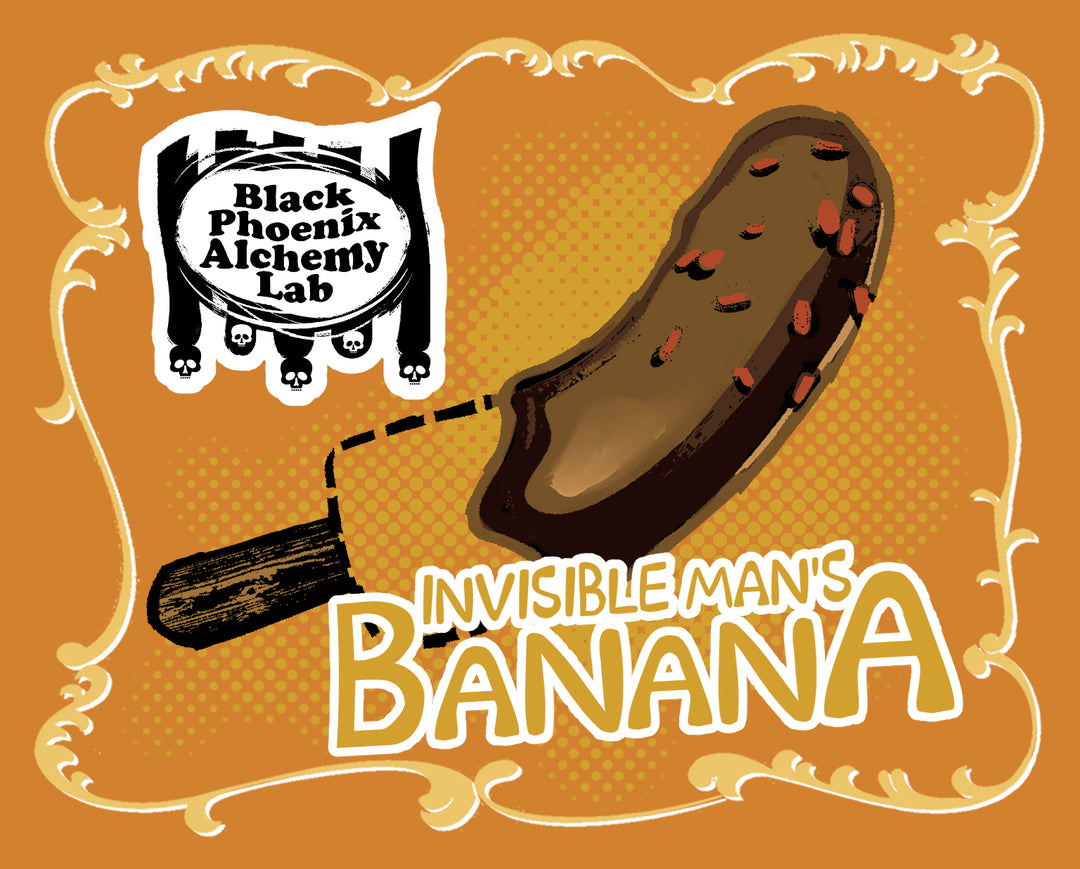 Black Phoenix Alchemy Lab Ghost Milk Soft Serve illustration: a sage-green soft serve ice cream cone with a melting ghostly face, dripping down a dark waffle cone, on an orange halftone background with an ornate gold border and the BPAL skull-topped logo.
