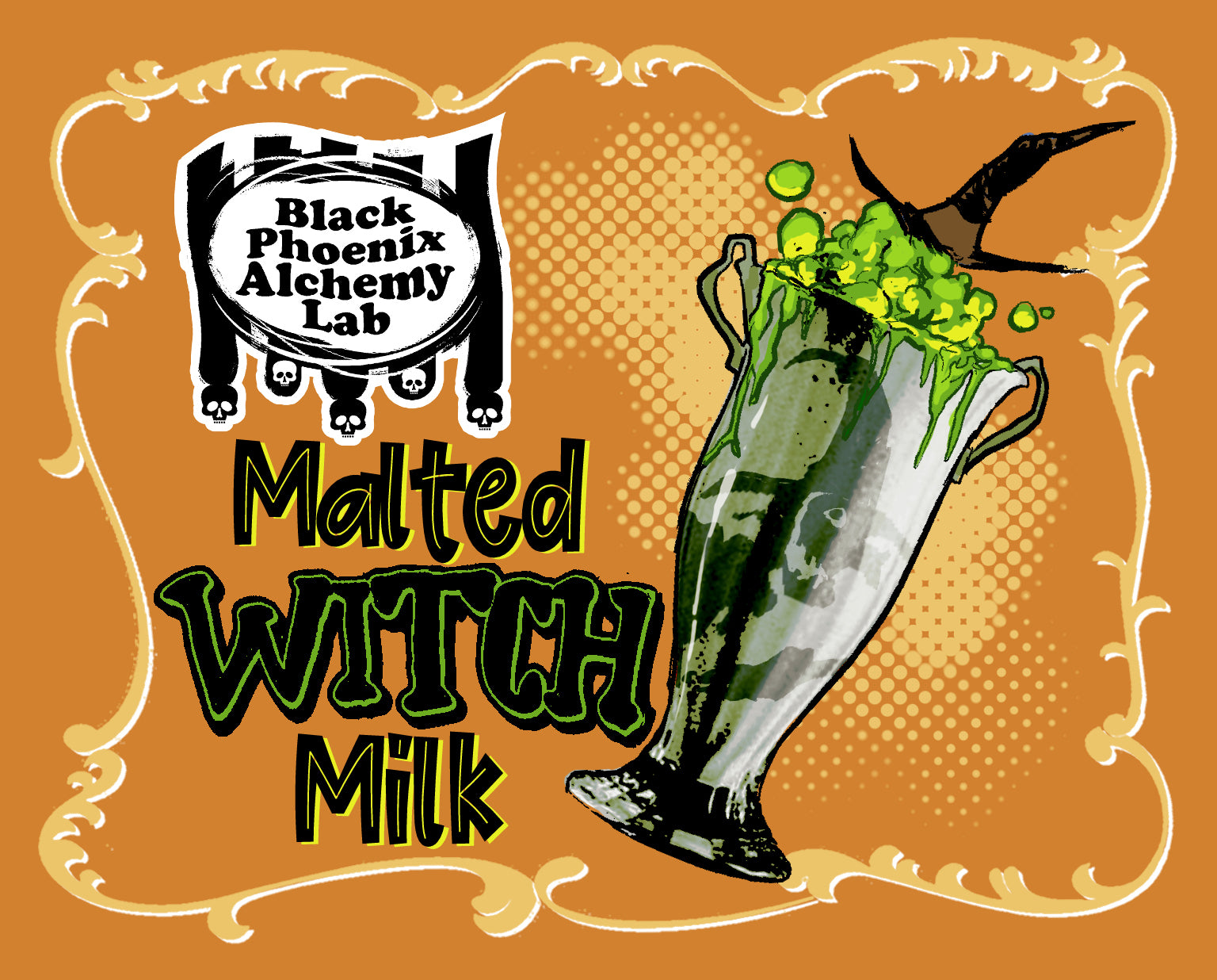 Black Phoenix Alchemy Lab Malted Witch Milk illustration: a tall glass milkshake with a witch's hat sinking into a frothy green malted head, bubbling over a dark glass, on an orange halftone background with an ornate gold border and the BPAL skull-topped logo.
