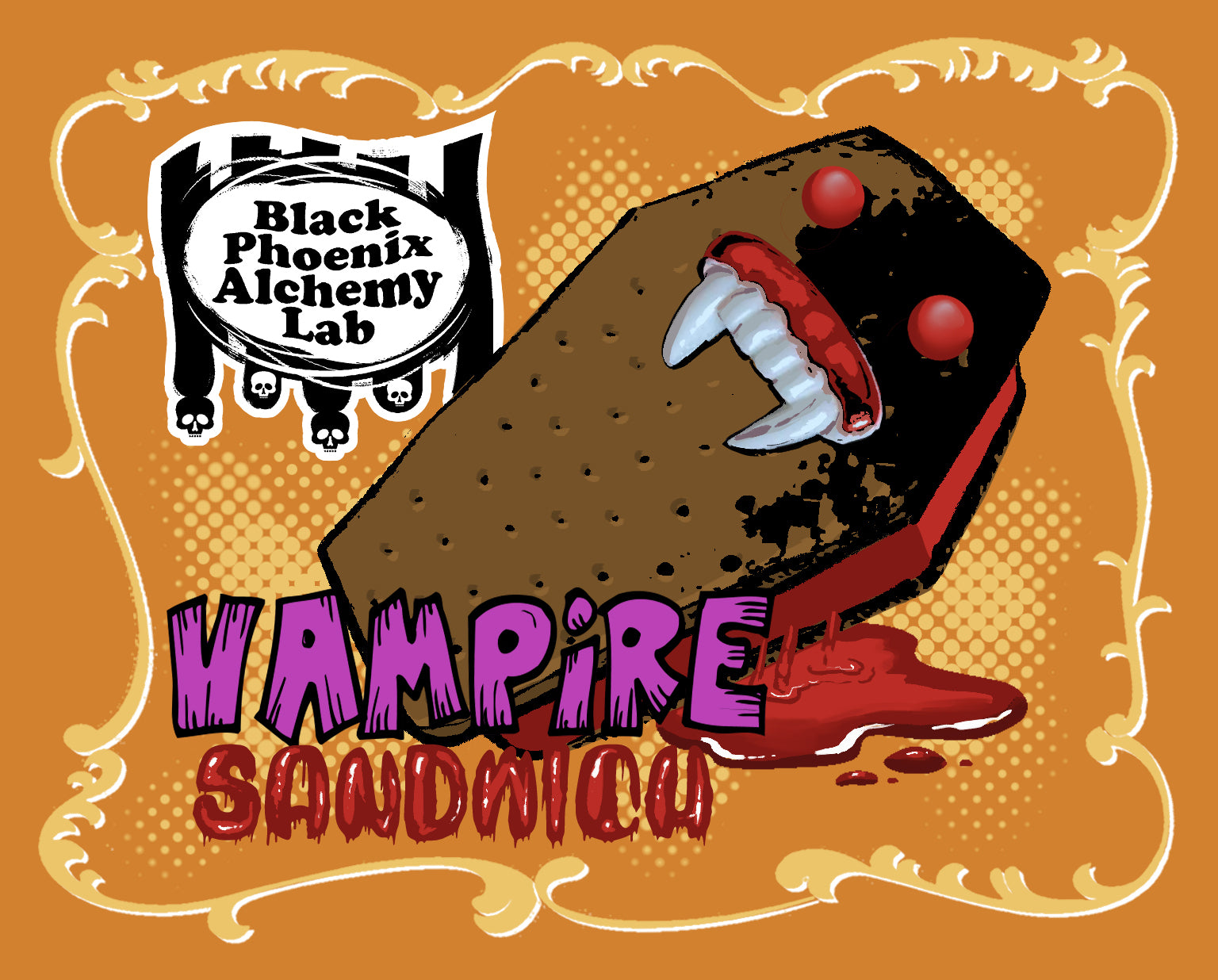 Black Phoenix Alchemy Lab Vampire Sandwich illustration: a coffin-shaped chocolate ice cream sandwich with red vampire lips and white fangs biting into the wafer, dripping blood, on an orange halftone background with an ornate gold border and the BPAL skull-topped logo.