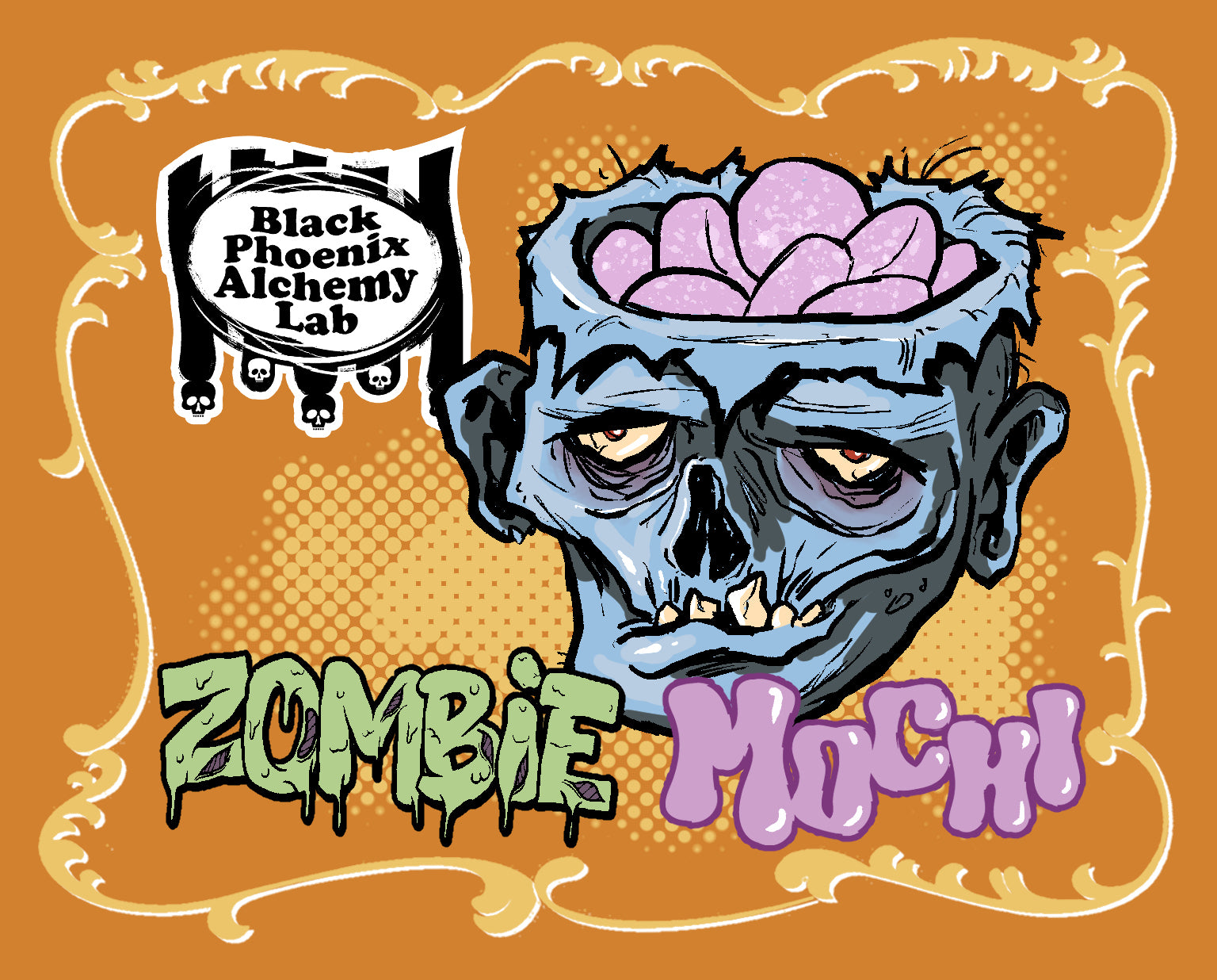 Black Phoenix Alchemy Lab Zombie Mochi illustration: a blue-skinned zombie head with its top sliced open to reveal purple mochi dumplings inside like exposed brain, sunken bloodshot eyes, on an orange halftone background with an ornate gold border and the BPAL skull-topped logo.