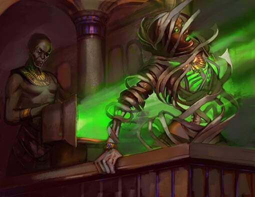 Illustration of a character with a glowing green book and a creature with tentacles in a dimly lit room.