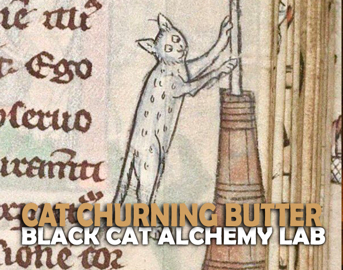 Vintage illustration of a cat churning butter with text overlay &