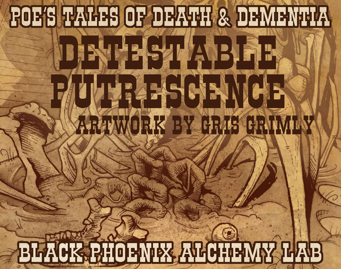 Artistic depiction of decay and death with text overlay on a brown background