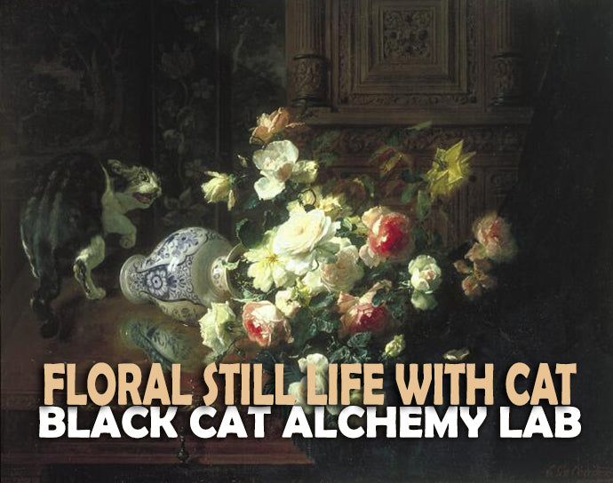 Floral still life with a cat and decorative elements, featuring the text 'Floral Still Life with Cat' and 'Black Cat Alchemy Lab'.