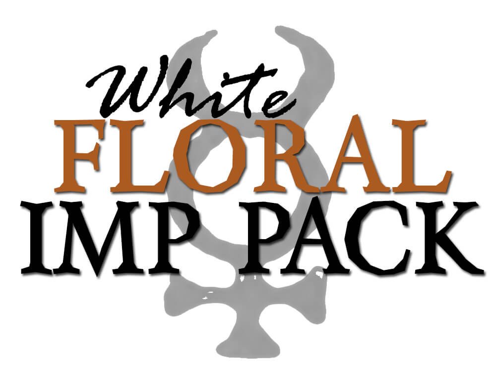 Text 'White Floral IMP Pack' with decorative elements on a white background