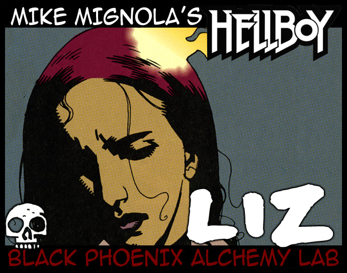 Comic book-style illustration of a character with red hair and a skull logo, featuring text about 'Hellboy' and 'Black Phoenix Alchemy Lab'.