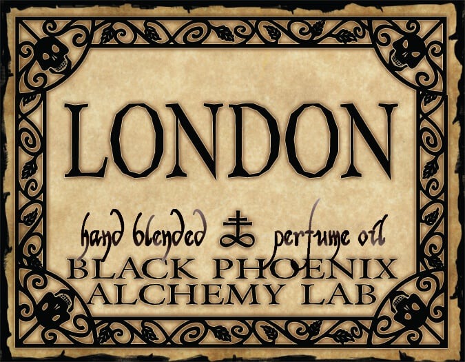 Vintage-style label for 'London' hand blended perfume oil by Black Phoenix Alchemy Lab.