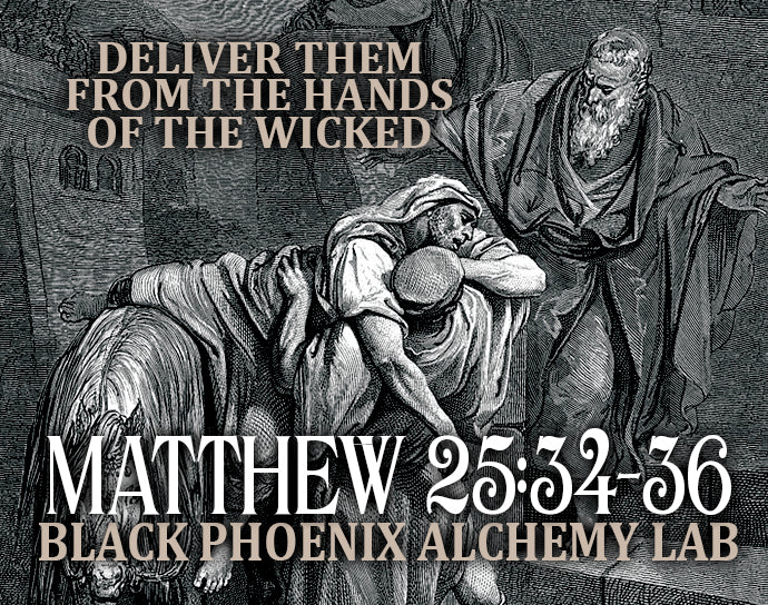 Black and white illustration with text overlay on a religious theme, featuring figures and a horse.