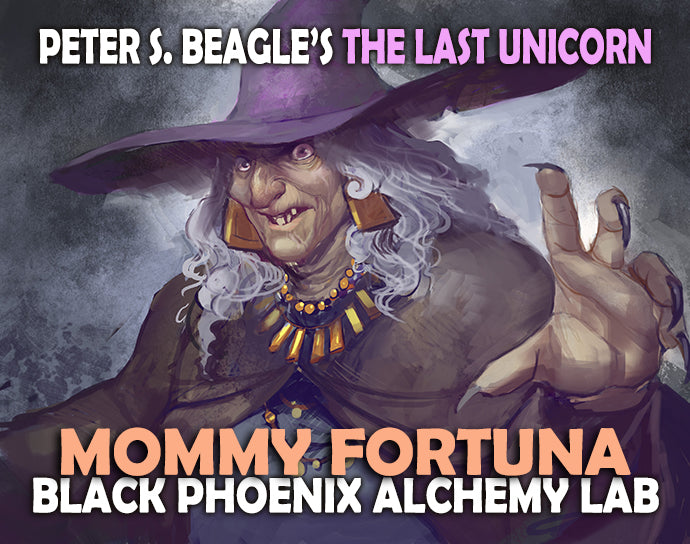 Illustration of a witch character with text about 'The Last Unicorn' and 'Black Phoenix Alchemy Lab'.