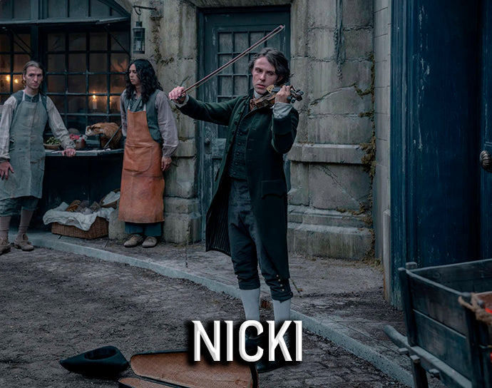 Nicki title card — Nicolas de Lenfent playing violin in 18th century Paris — The Vampire Lestat x AMC, Interview with the Vampire Season 3
