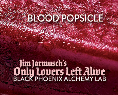 Close-up of a red substance with text overlay for 'Blood Popsicle' and 'Only Lovers Left Alive'.