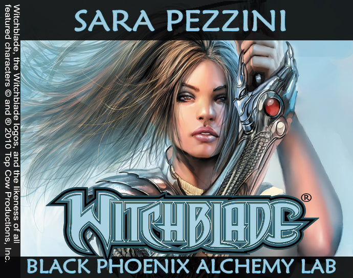 Illustration of a character from 'Witchblade' with the title 'Black Phoenix Alchemy Lab' and 'Sara Pezzini' at the top.