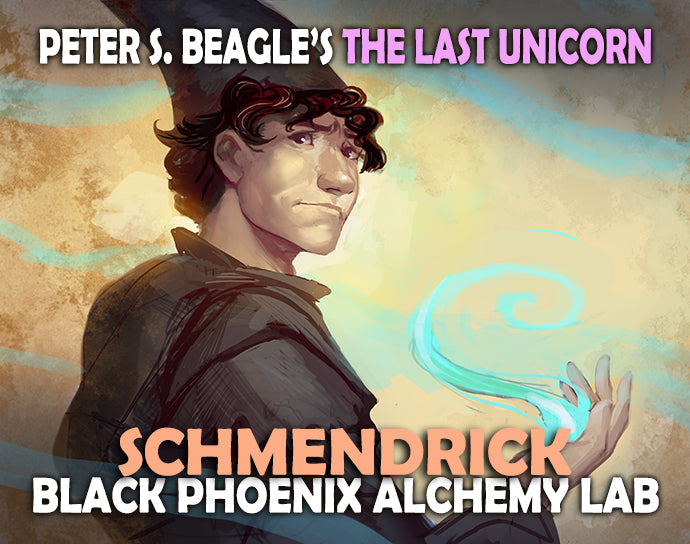 Promotional image for 'The Last Unicorn' featuring a character from the series with text about Schmendrick and Black Phoenix Alchemy Lab.